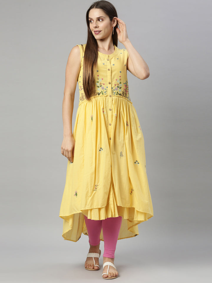 Neerus Yellow cotton solid kurti - front view