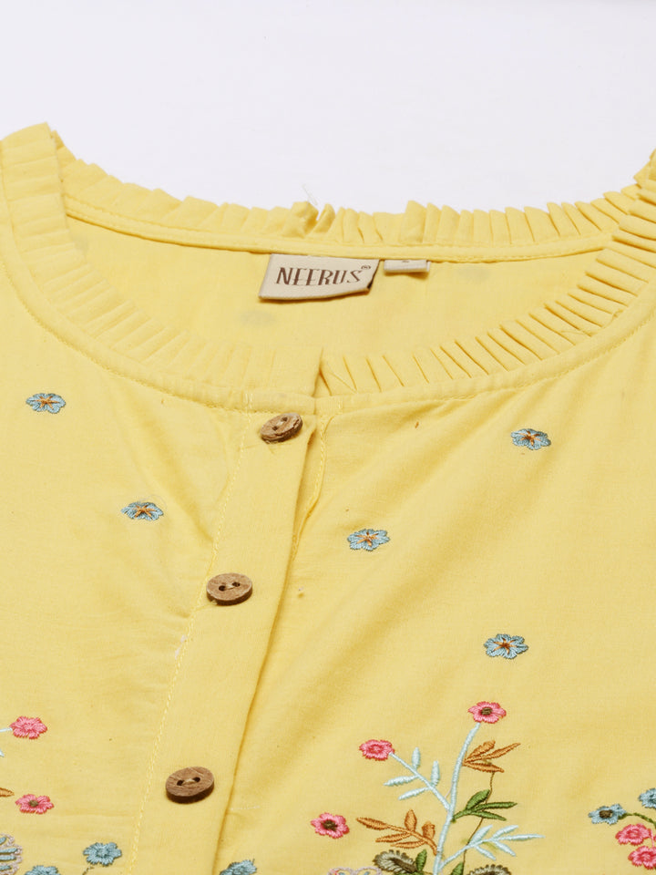Neerus Yellow cotton solid kurti - back view