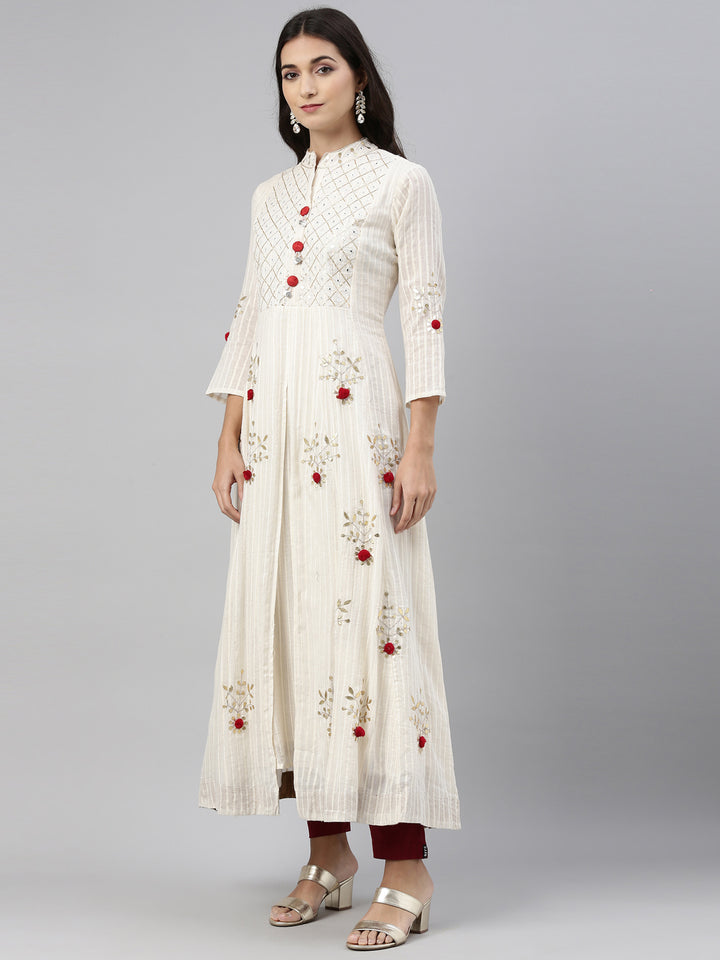 Neerus Cream Color Cotton Fabric Tunic