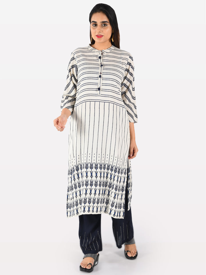 Neerus White cotton printed straight kurta - front view