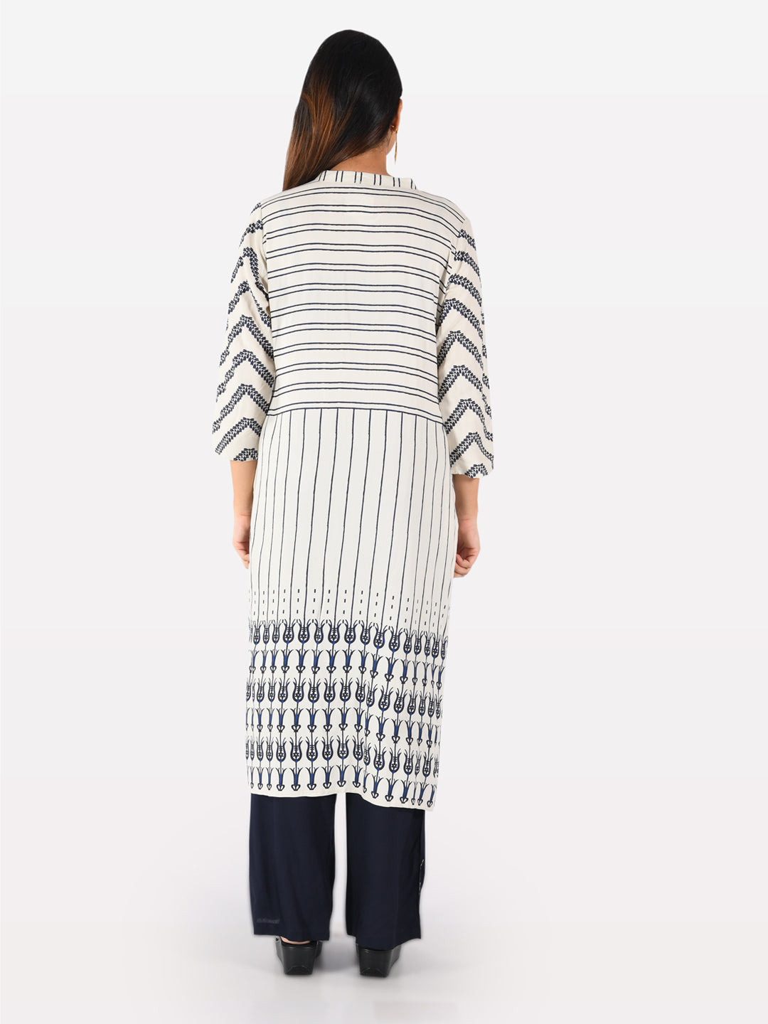 Neerus White cotton printed straight kurta - side view