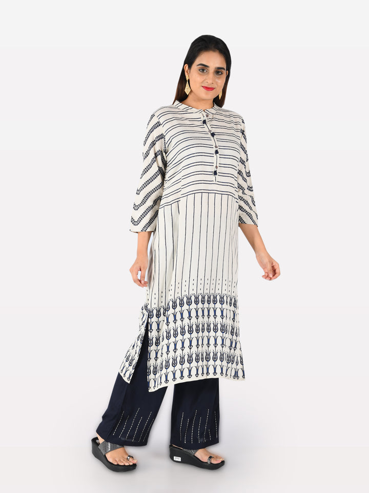 Neerus White cotton printed straight kurta - detail view 1