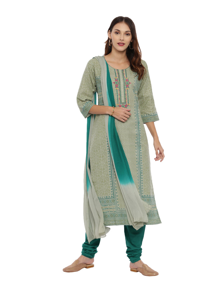Neerus Green Printed Kurta With Churidar & Dupatta