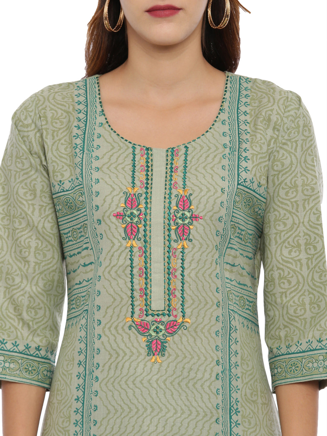 Neerus Green Printed Kurta With Churidar & Dupatta