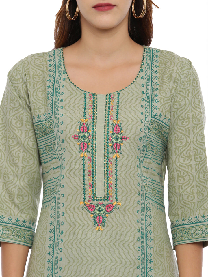 Neerus Green Printed Kurta With Churidar & Dupatta