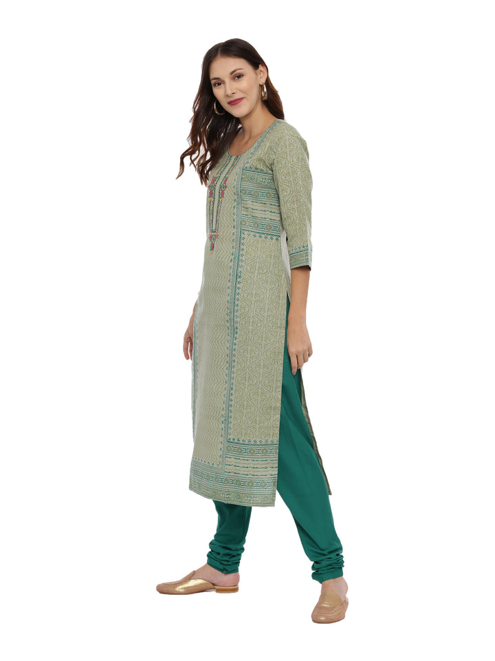 Neerus Green Printed Kurta With Churidar & Dupatta
