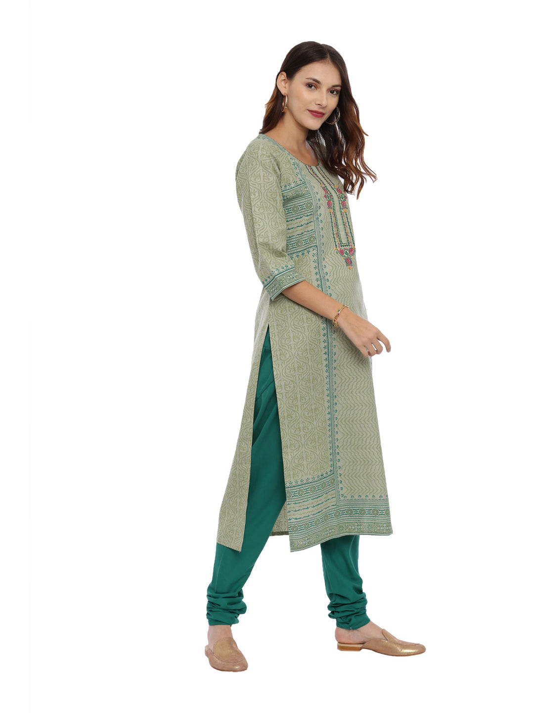 Neerus Green Printed Kurta With Churidar & Dupatta