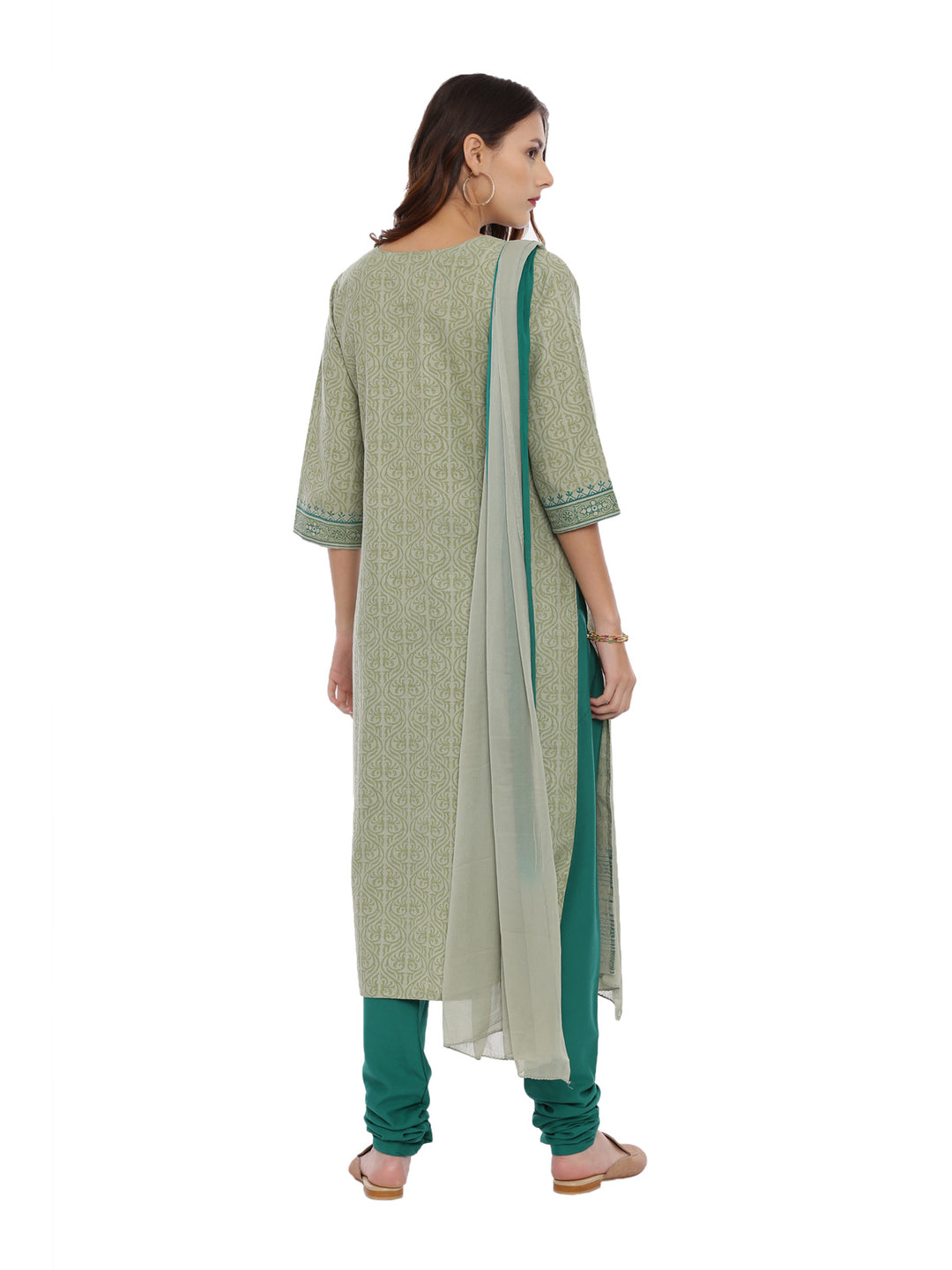 Neerus Green Printed Kurta With Churidar & Dupatta