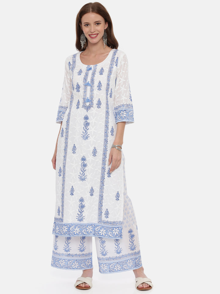 Neerus White Color Cotton Fabric Full Sleeves Suit-Straight