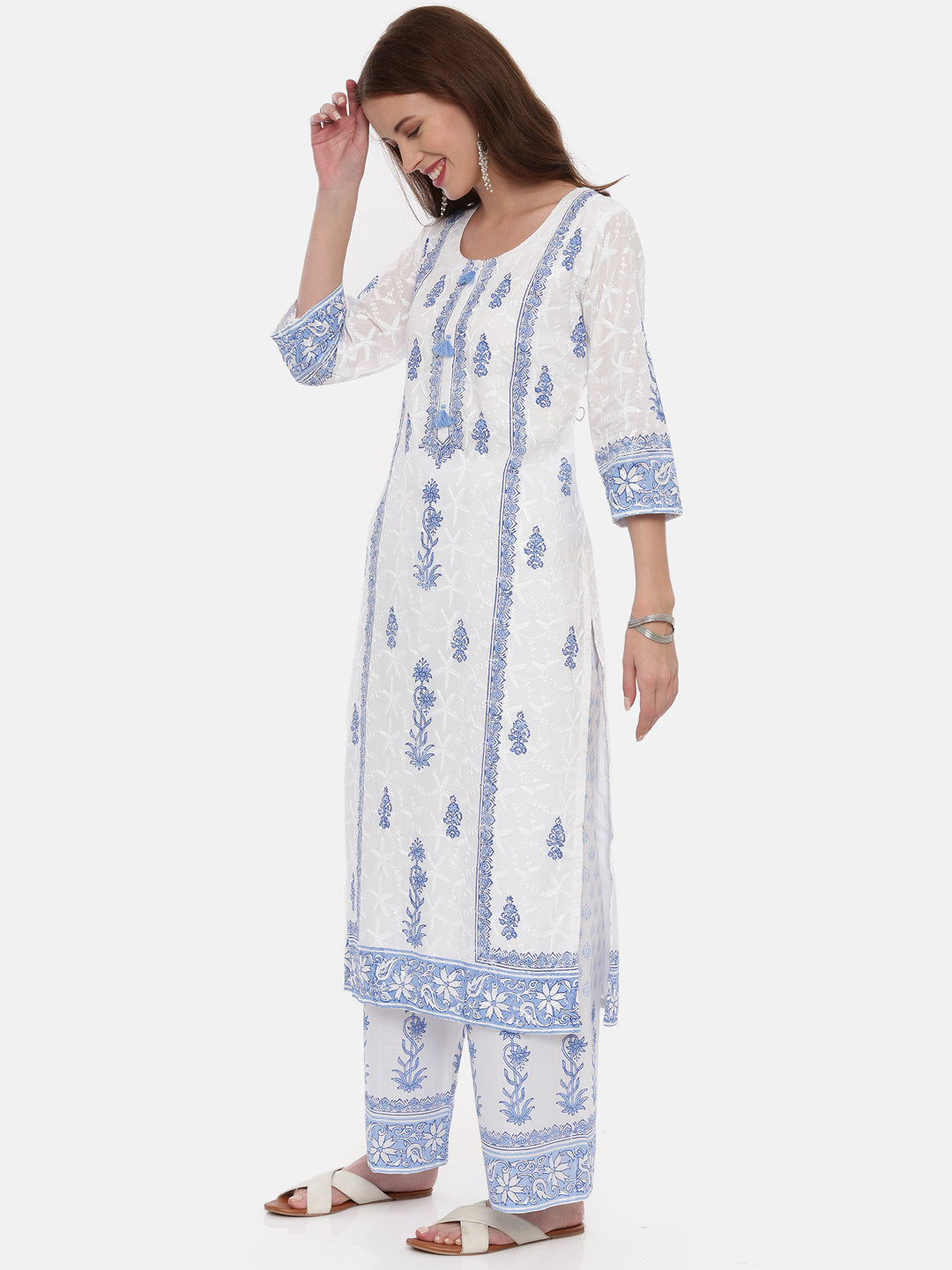 Neerus White Color Cotton Fabric Full Sleeves Suit-Straight