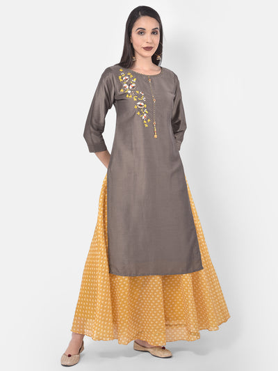 Neeru's Grey & Yellow Embellished Kurta Skirt Set