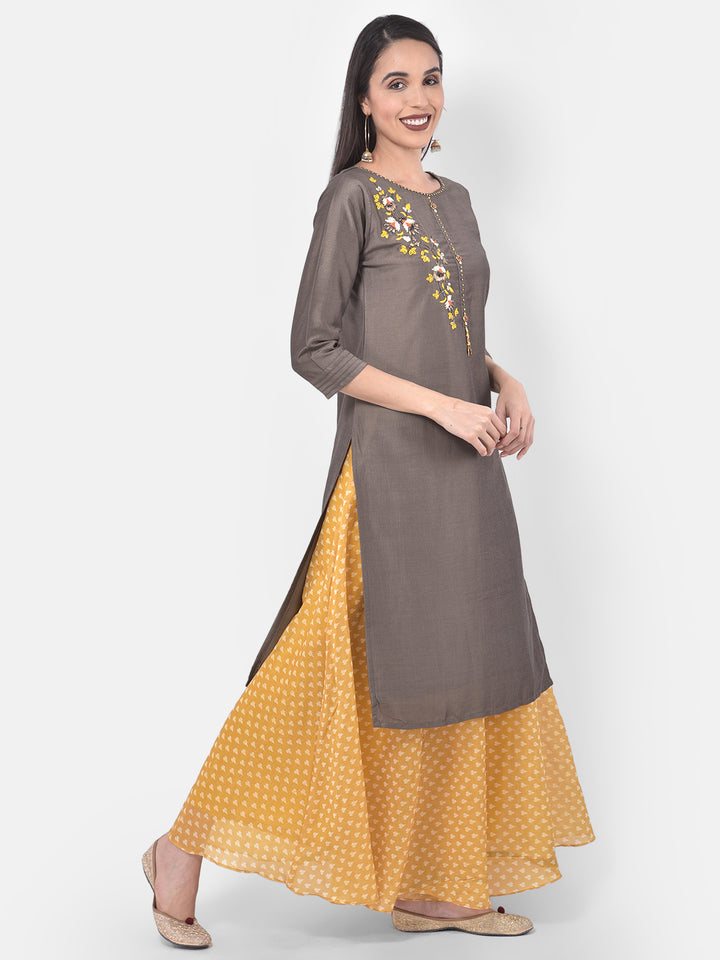 Neerus Grey embellished kurta skirt set - front view