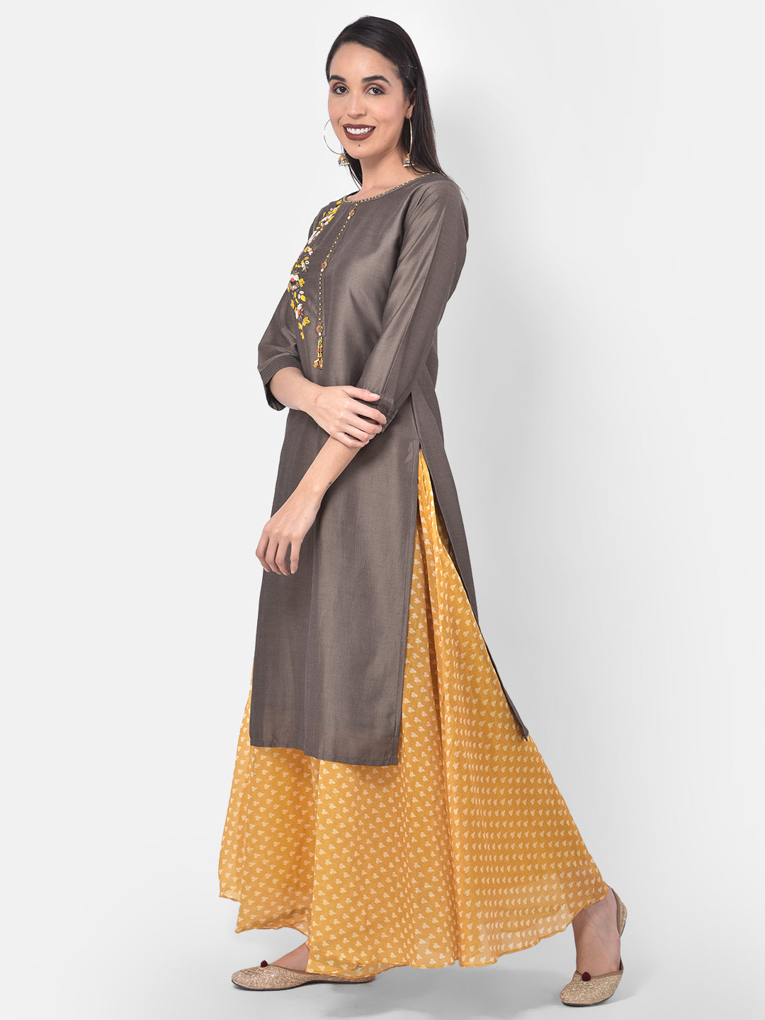 Neerus Grey embellished kurta skirt set - back view
