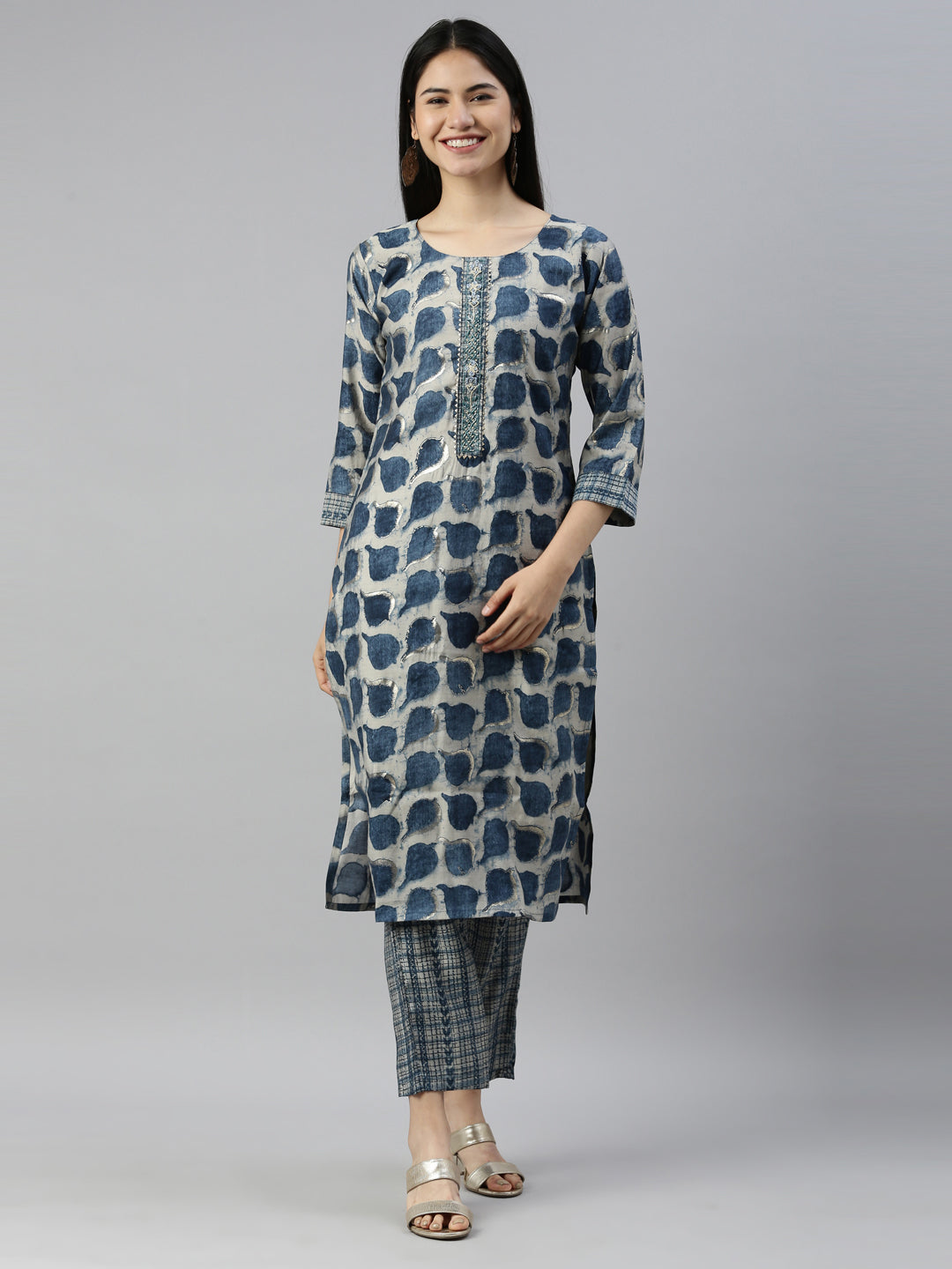 Neerus Blue muslin straight kurti - front view
