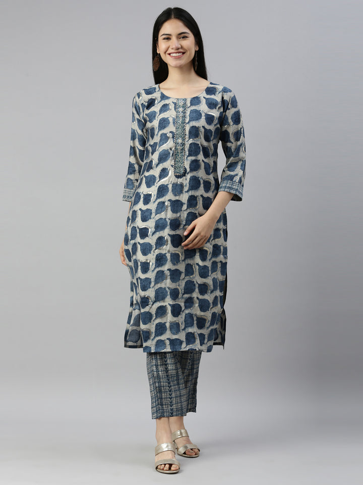 Neerus Blue muslin straight kurti - front view