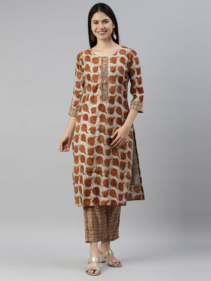 Neerus Brown muslin straight kurti - front view