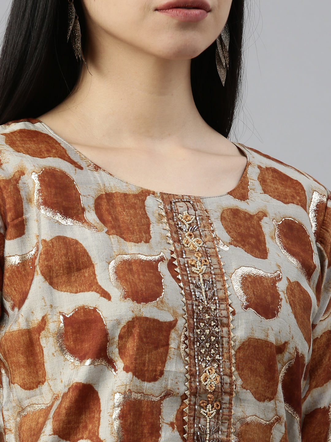 Neerus Brown muslin straight kurti - detail view 6
