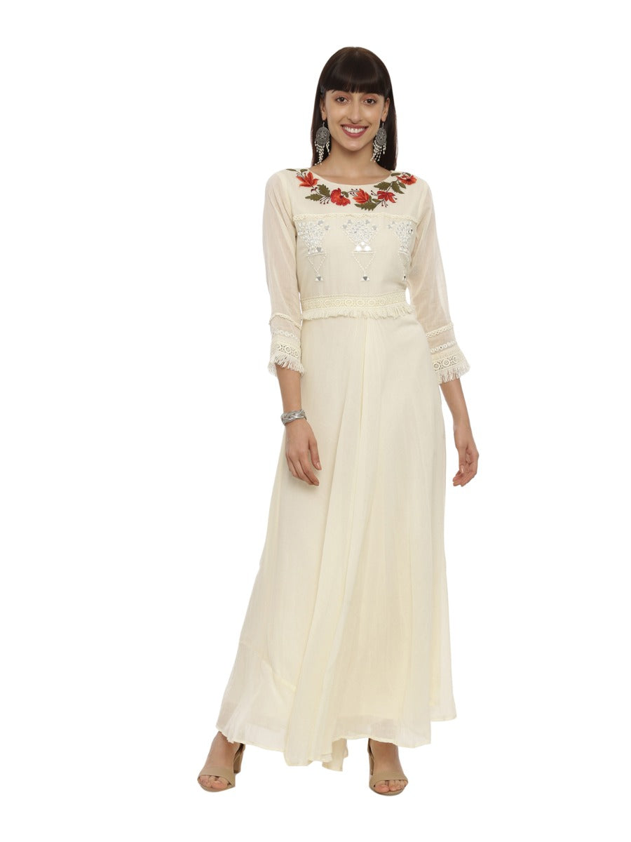 Neerus Cream Embroidered Anarkali Kurta