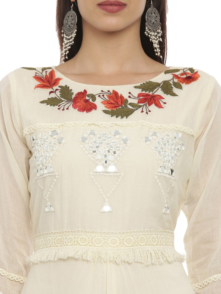 Neerus Cream Embroidered Anarkali Kurta