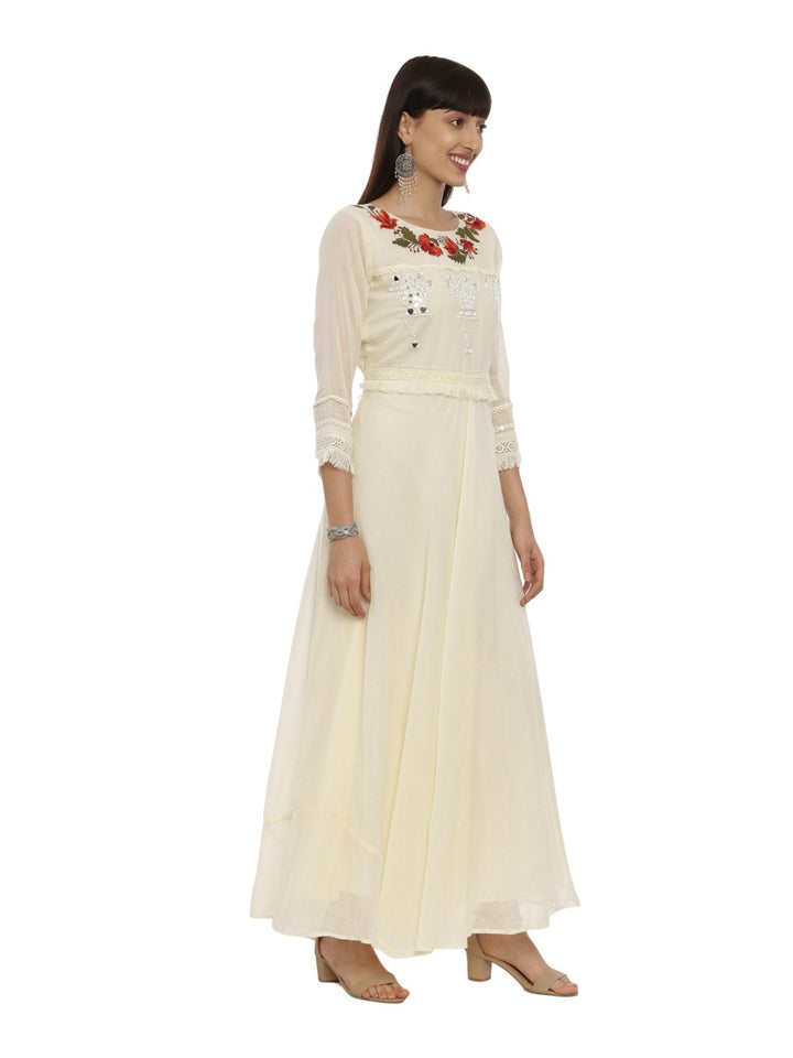 Neerus Cream Embroidered Anarkali Kurta