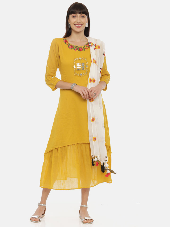 Neerus Mustard Embroidered A Line Double Layered Kurta