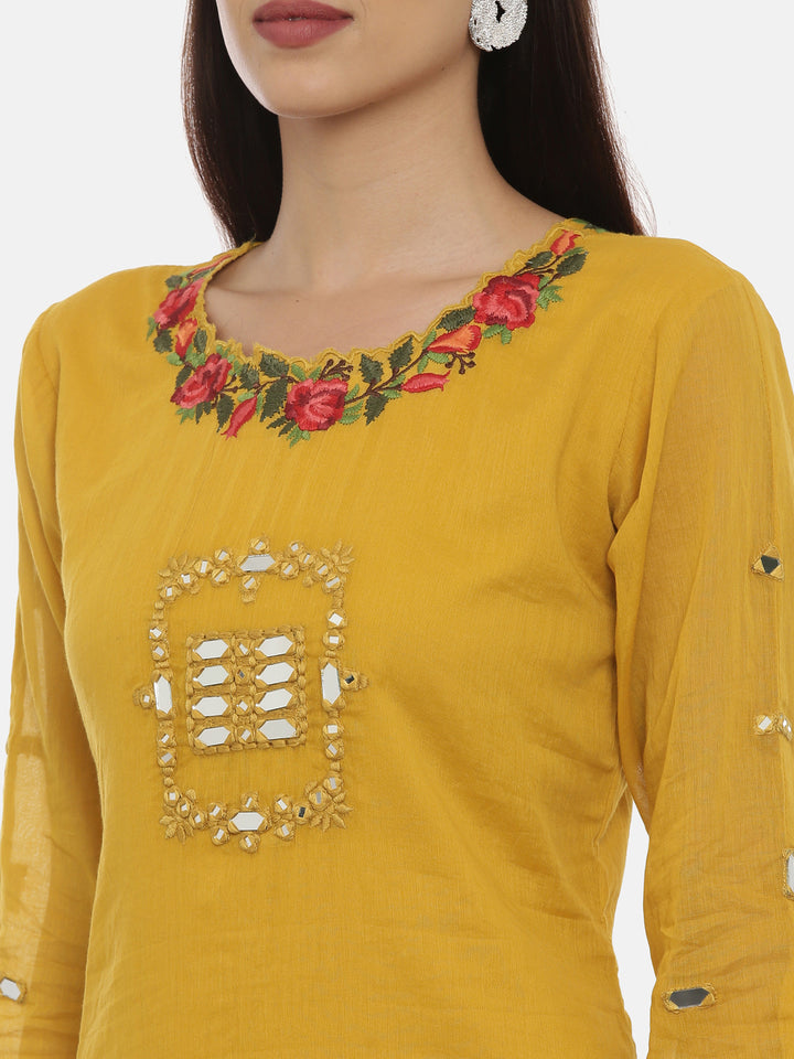 Neerus Mustard Embroidered A Line Double Layered Kurta