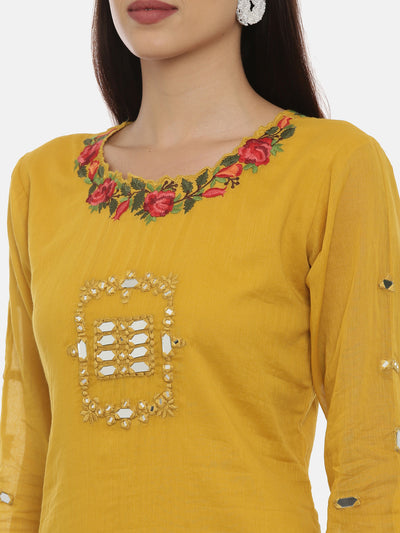 Neeru's Mustard Embroidered A Line Double Layered Kurta