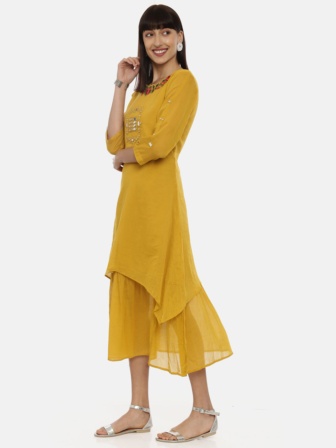 Neeru's Mustard Embroidered A Line Double Layered Kurta