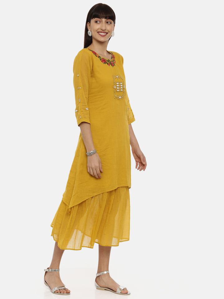 Neerus Mustard Embroidered A Line Double Layered Kurta