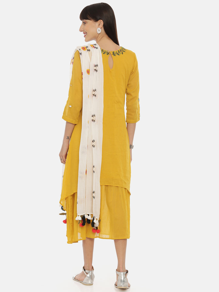 Neerus Mustard Embroidered A Line Double Layered Kurta