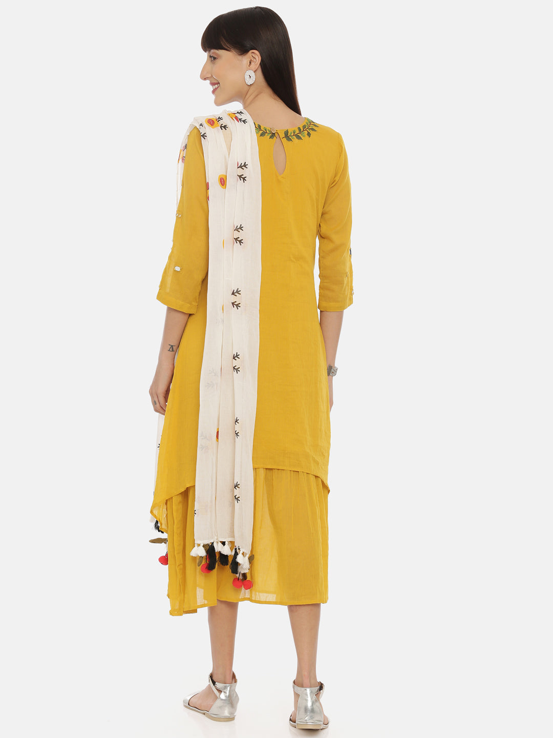 Neeru's Mustard Embroidered A Line Double Layered Kurta