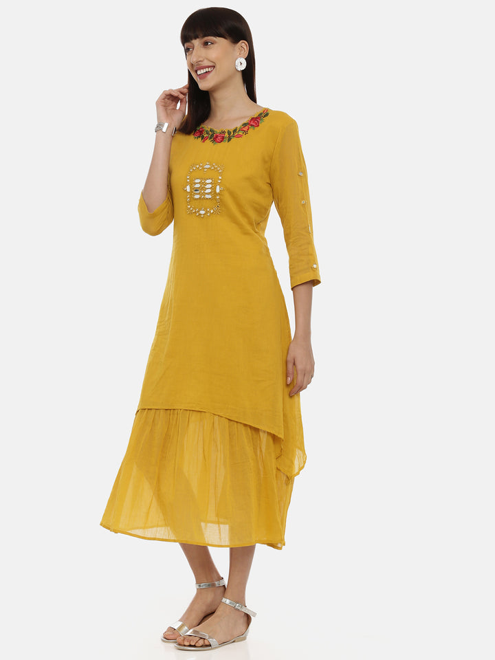 Neerus Mustard Embroidered A Line Double Layered Kurta