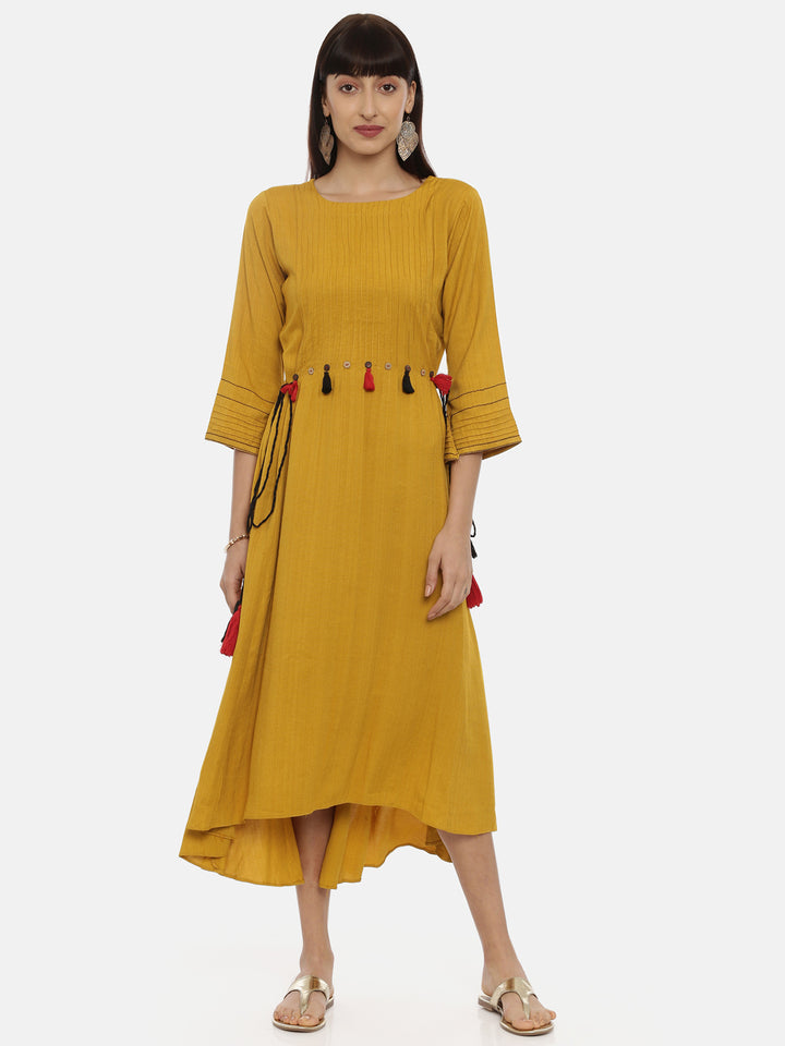 Neerus Yellow rayon high-low kurta - front view