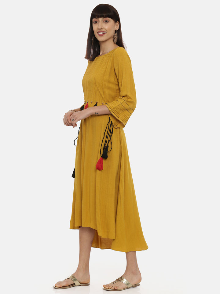 Neerus Yellow rayon high-low kurta - side view