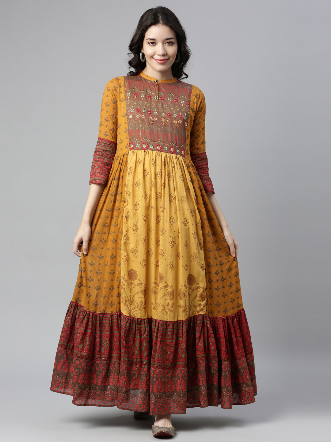 Neerus Mustard Color Cotton Fabric Kurta