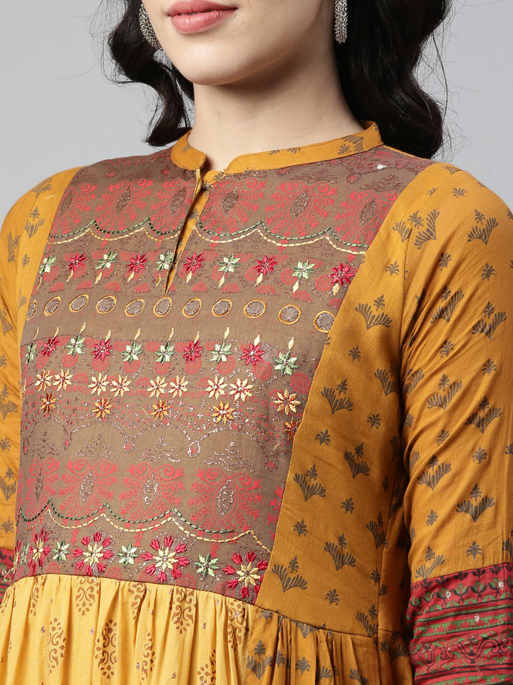 Neerus Mustard Color Cotton Fabric Kurta