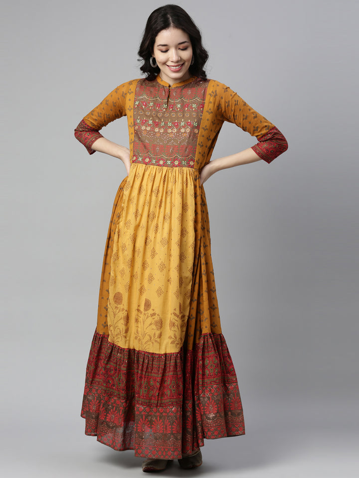 Neerus Mustard Color Cotton Fabric Kurta
