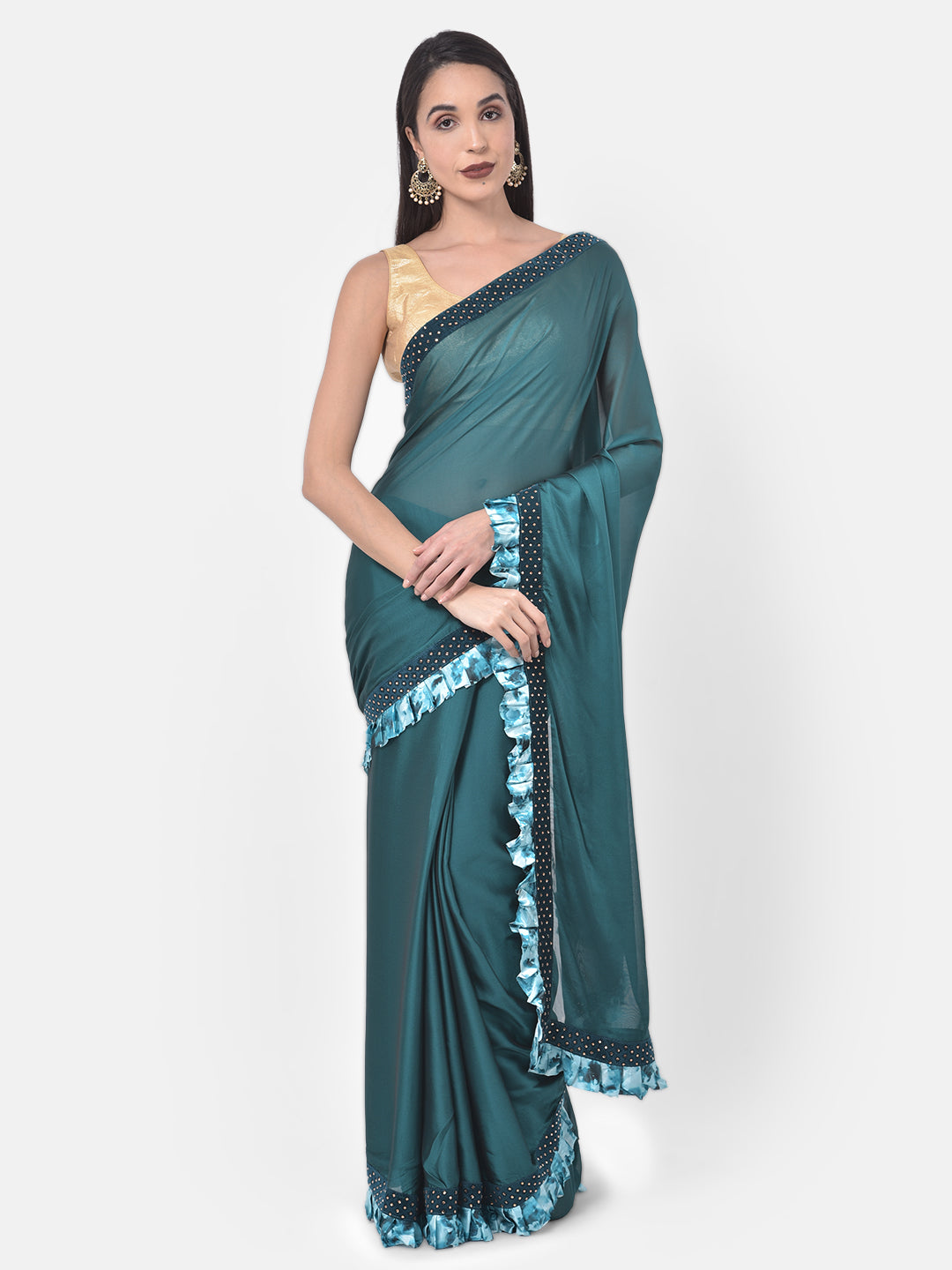 Neerus Teal Embellished Saree With Blouse
