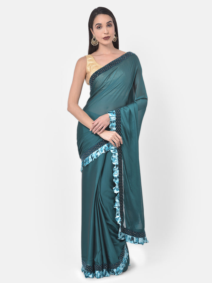 Neerus Teal Embellished Saree With Blouse