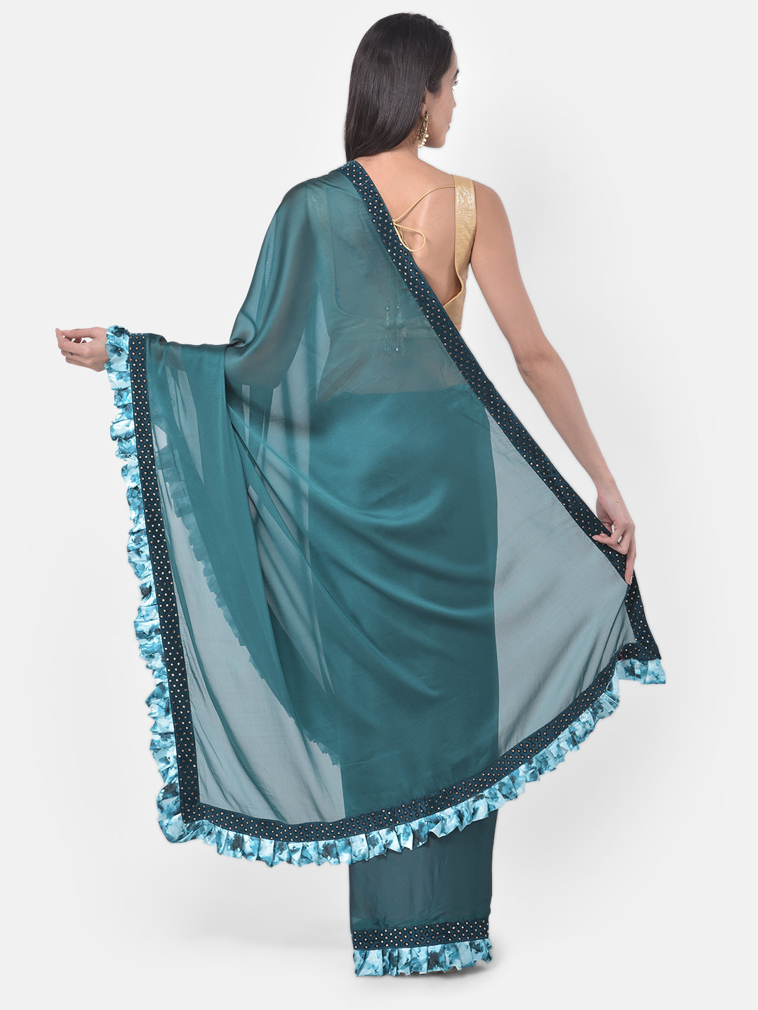 Neerus Teal Embellished Saree With Blouse