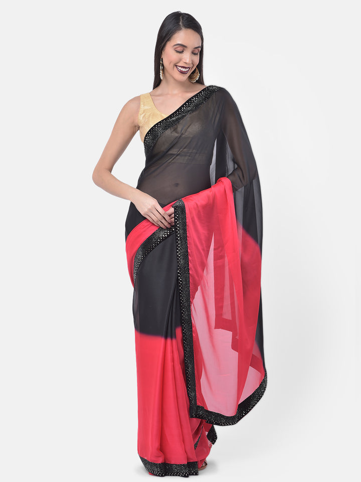 Neerus Red embellished saree with blouse piece - front view