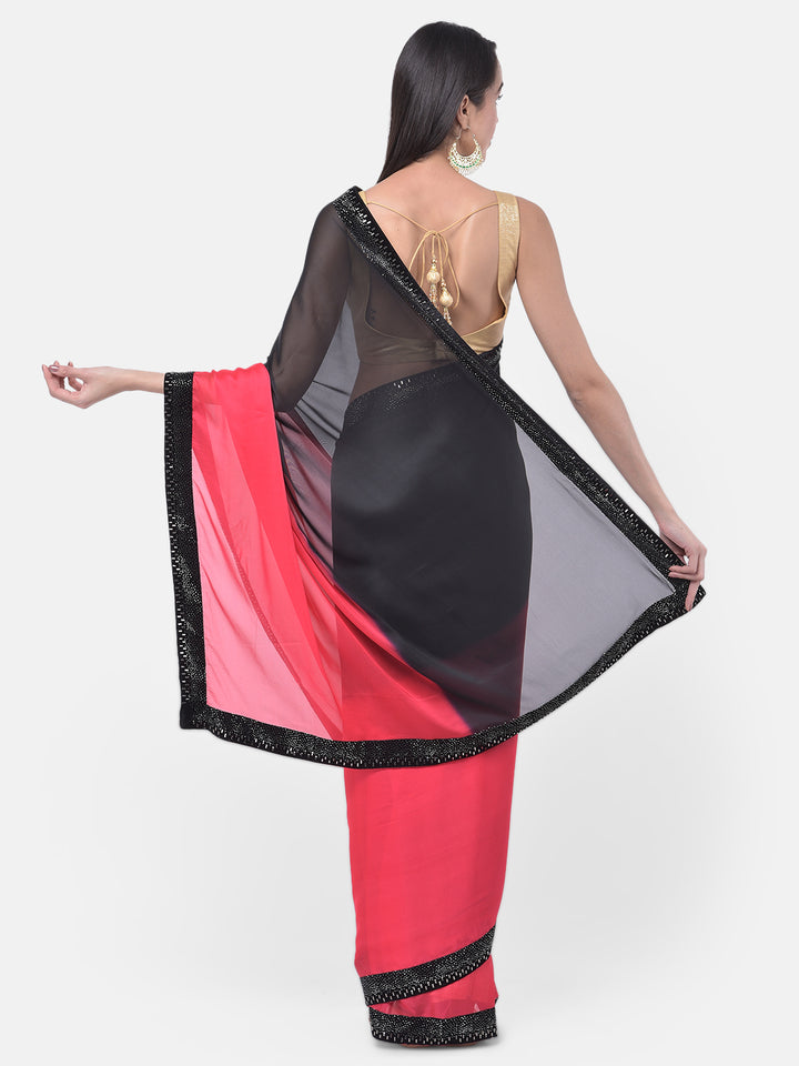 Neerus Red embellished saree with blouse piece - back view
