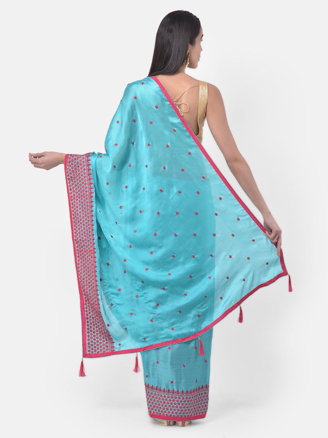 Neerus Green chiffon solid saree - back view