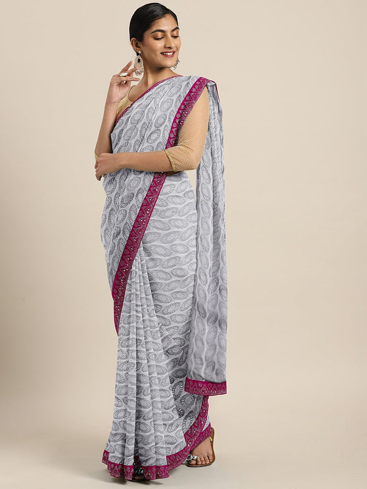 Neerus Grey Georgette textured Saree with Blouse - front view