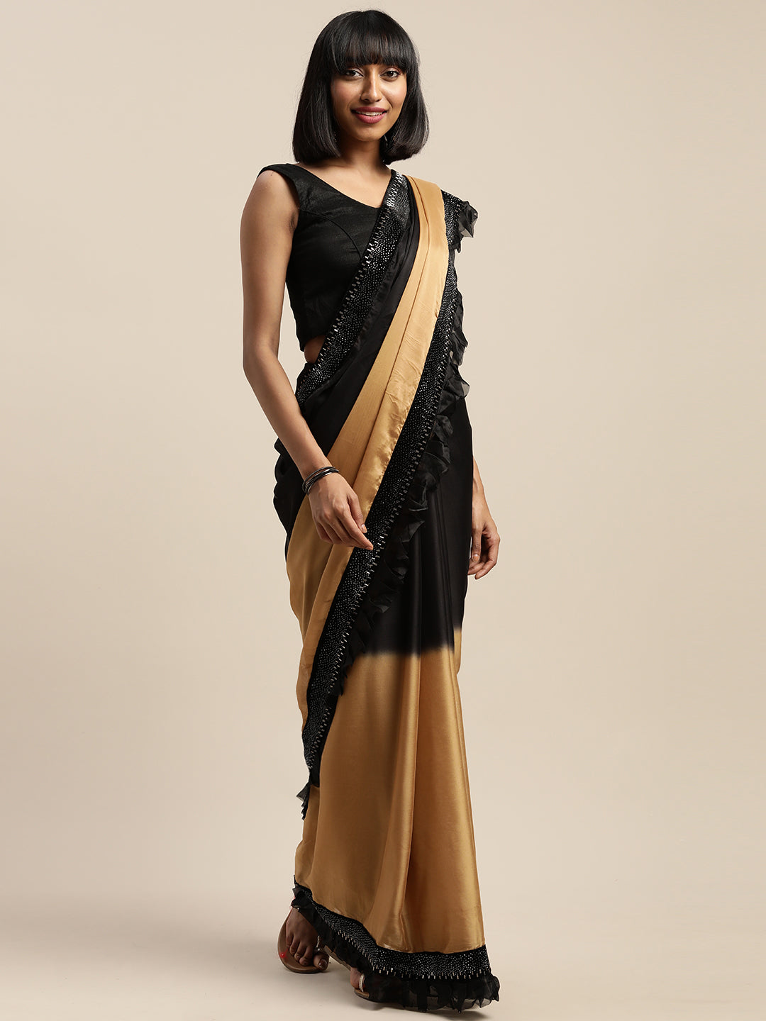 Neeru's Gold & Black Embellished Saree With Blouse