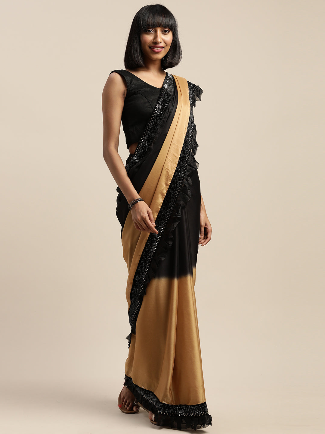 Neeru's Gold & Black Embellished Saree With Blouse