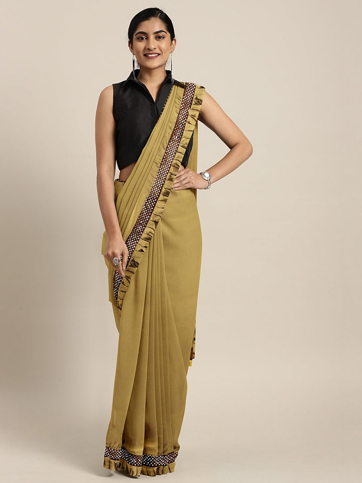 Neerus Brown crepe embellished saree with blouse - front view