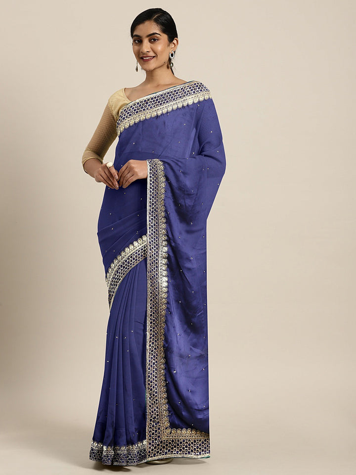 Neerus Blue Embellished Saree With Blouse