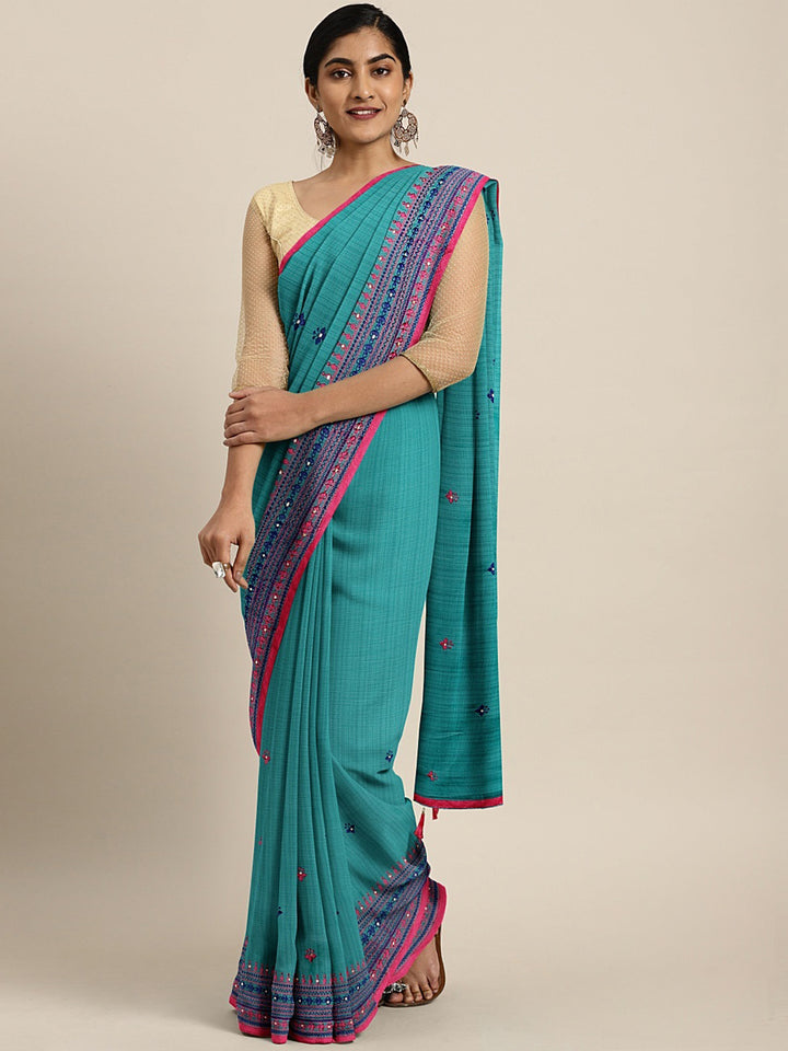 Neerus Blue Embroidered Saree With Blouse