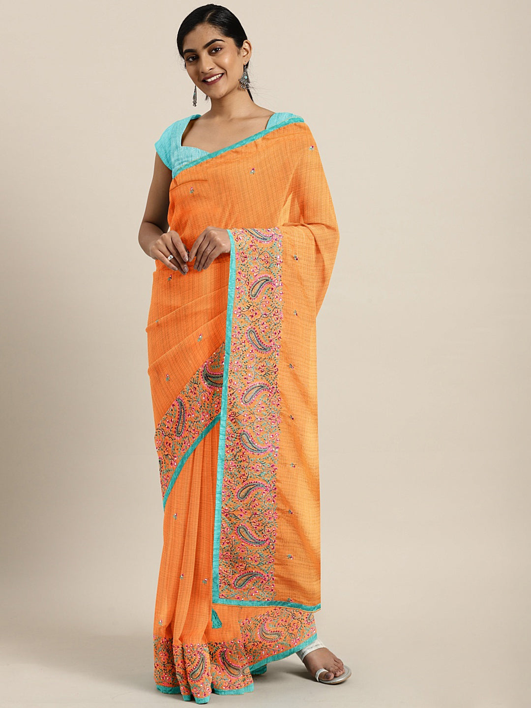 Neerus Orange Embroidered Saree With Blouse